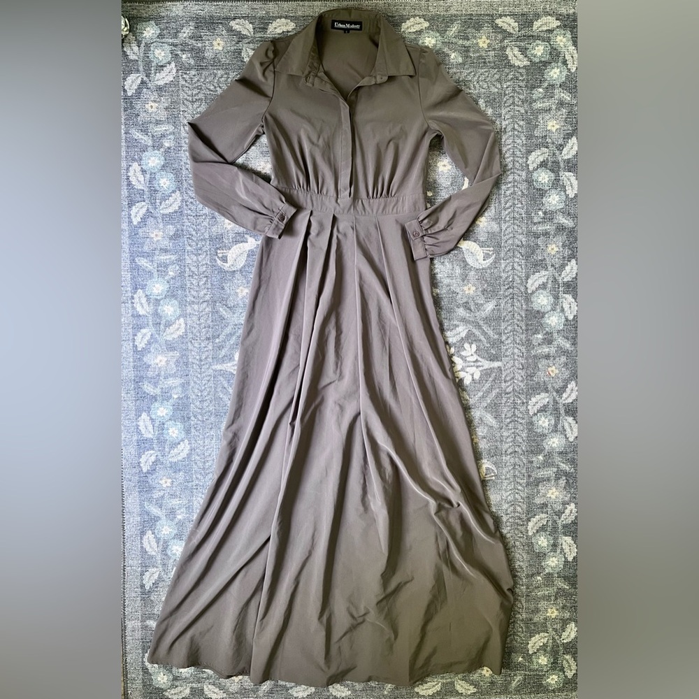 Urban Modesty Taupe Long Sleeve Notched Collar Maxi Gown Dress